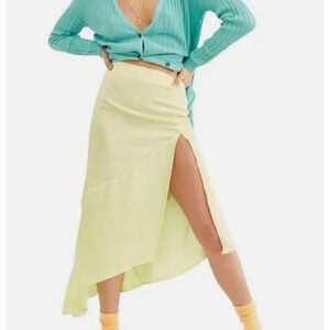 Free People Satin Asymmetrical Lola Slit Neon Yellow Skirt